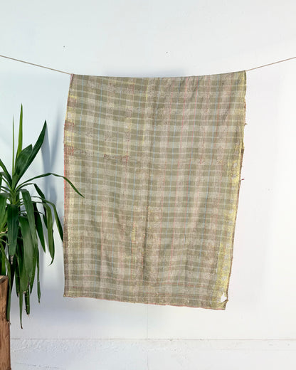 Project Kantha Quilt: Blue, Yellow and Green With Authentic Aged Texture
