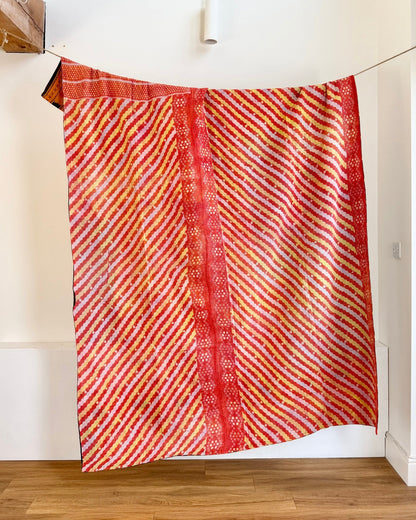 Large Fine Stitched Vintage Kantha Quilt in Orange, Black and Pink - Biggs & Hill