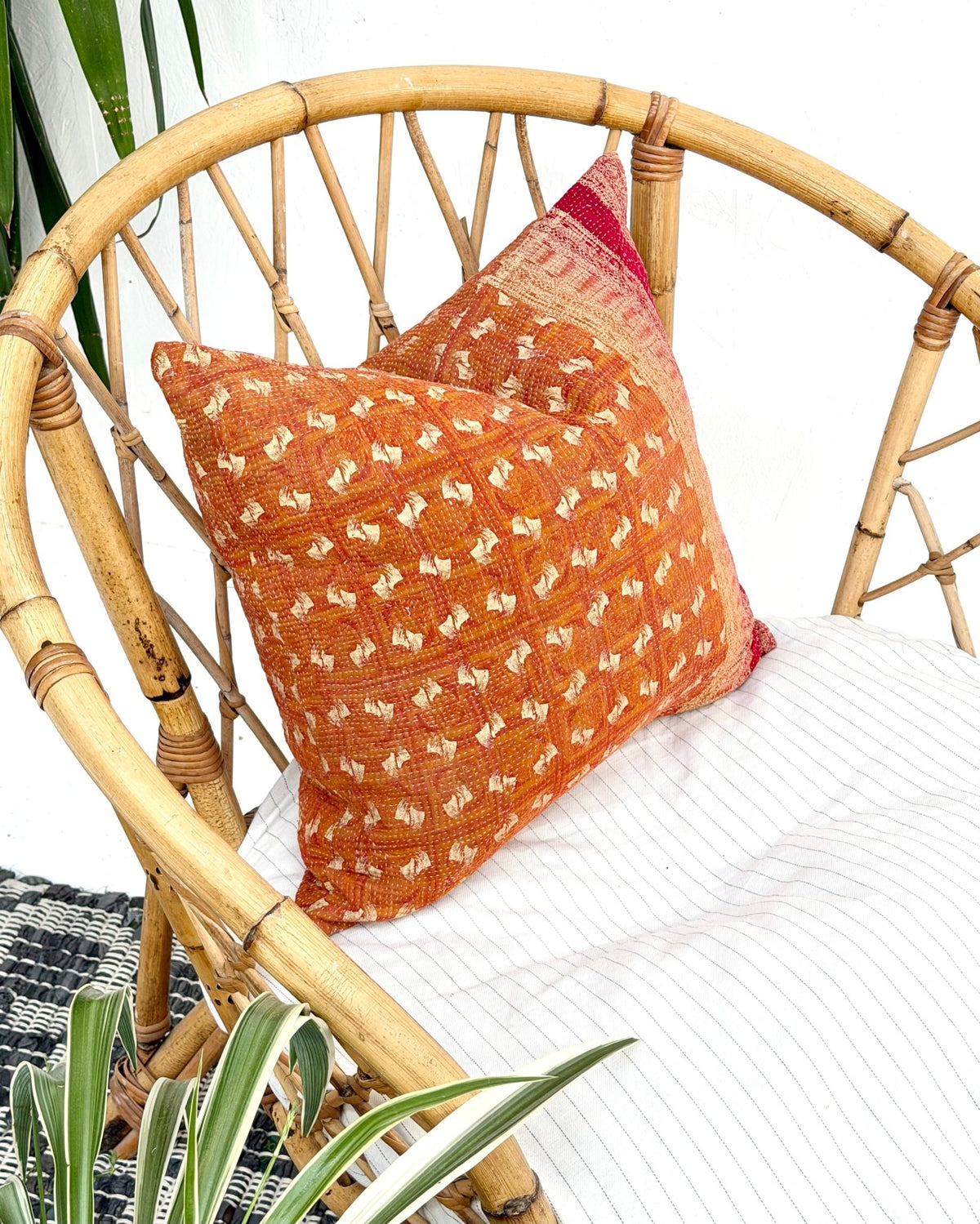 Handmade Vintage Kantha Cushion Cover In Orange and Pink - 45cm (18") Square - Biggs & Hill