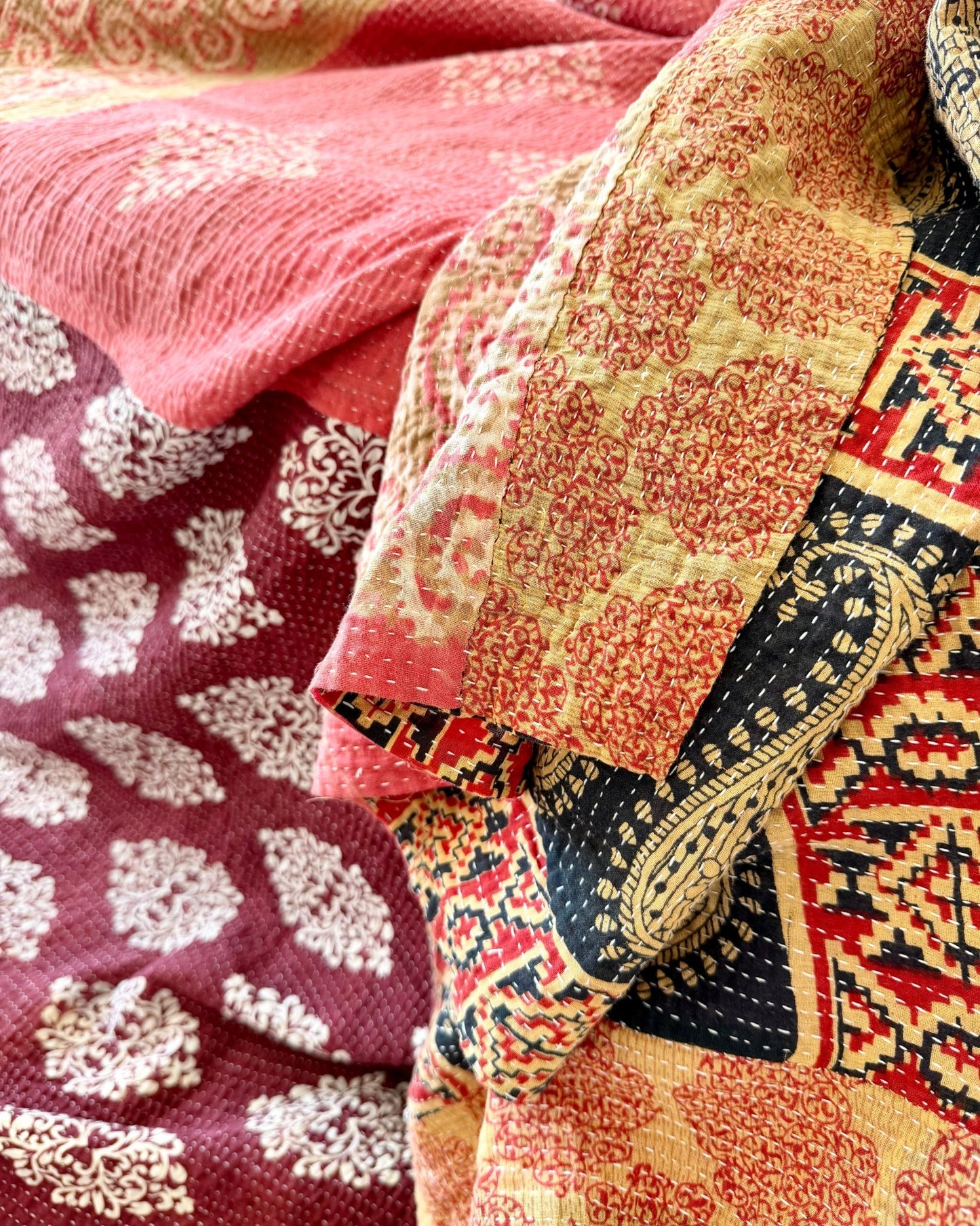 Large Fine Stitched Vintage Kantha Quilt in Pinks, Burgundy and Yelllows - Biggs & Hill