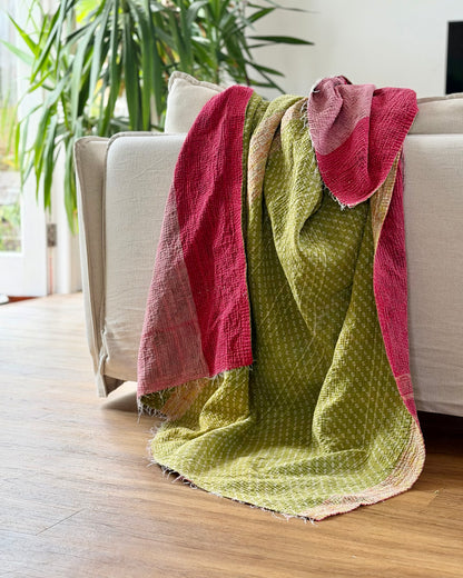 Extra Large Fine Stitched Vintage Kantha Quilt in Pink Stripes and Green