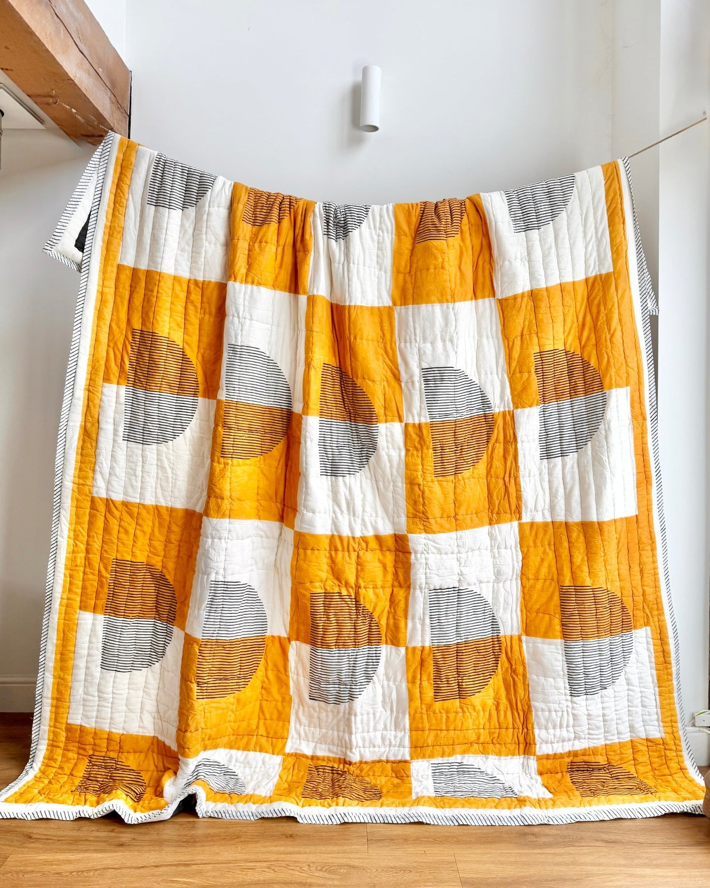 Quilted Kantha In Black, White and Orange With Geometric Squares - SUPER KING - Biggs & Hill