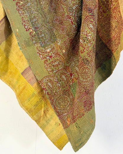 Ajrakh Printed Vintage Kantha Quilt In Green-Gold - Biggs & Hill