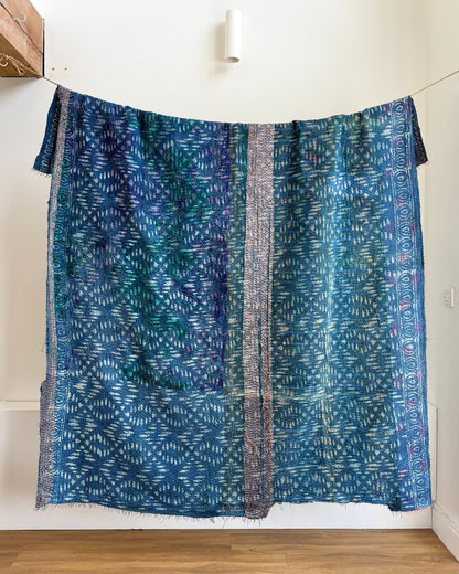 Project Kantha Quilt: Indigo Print With Authentic Aged Texture - Biggs & Hill