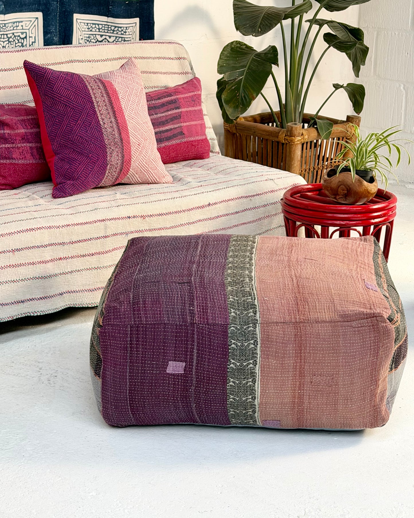 Extra Large Square Kantha Pouf Cushion Cover With Blue and Grey Stripes