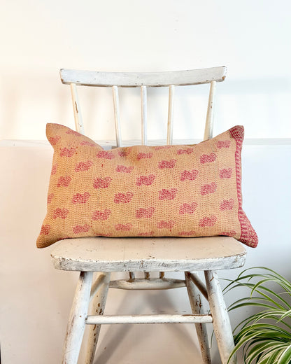 Vintage Kantha Cushion In Pink and Beige - Small Rectangular