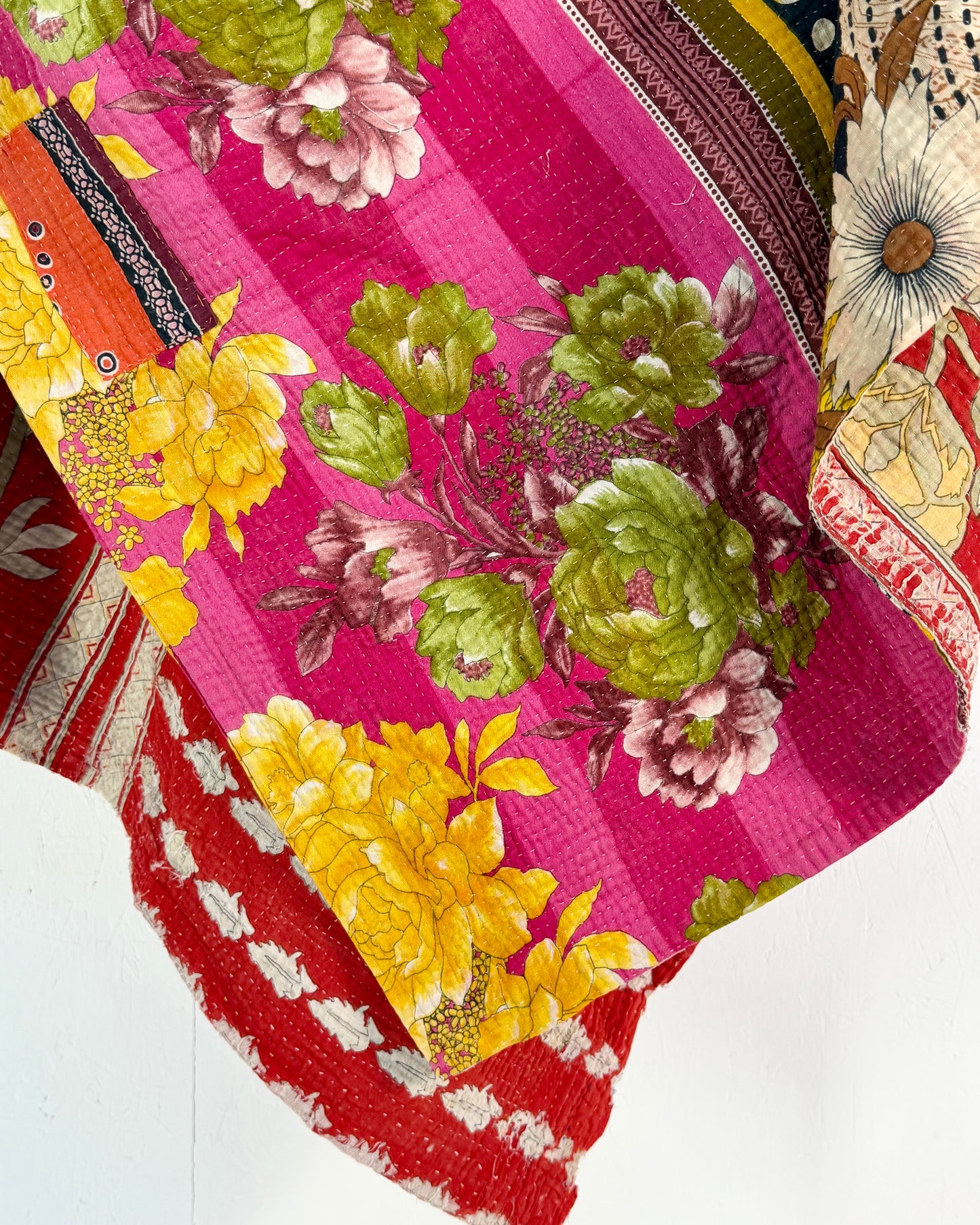 Large Fine Stitched Vintage Kantha Quilt in Pink, Red and Yellow