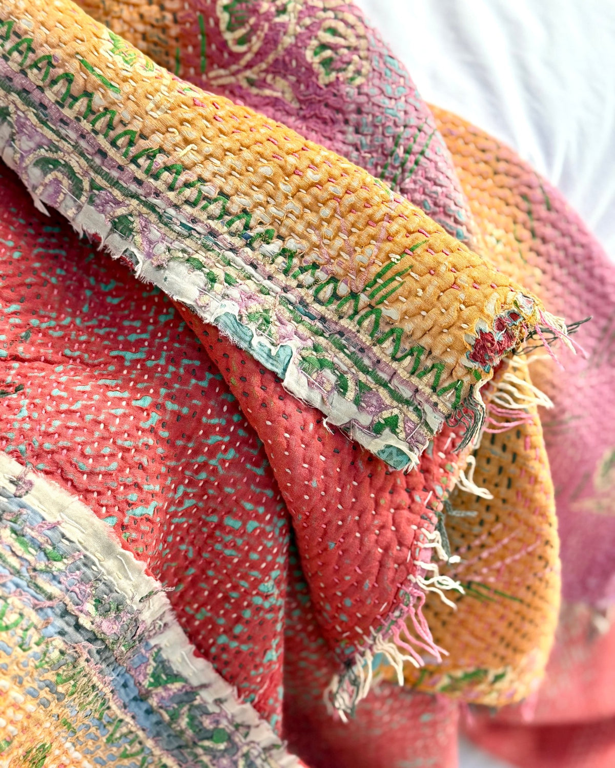 Textured Vintage Kantha Quilt in Pink and Yellow Stripes - Biggs & Hill
