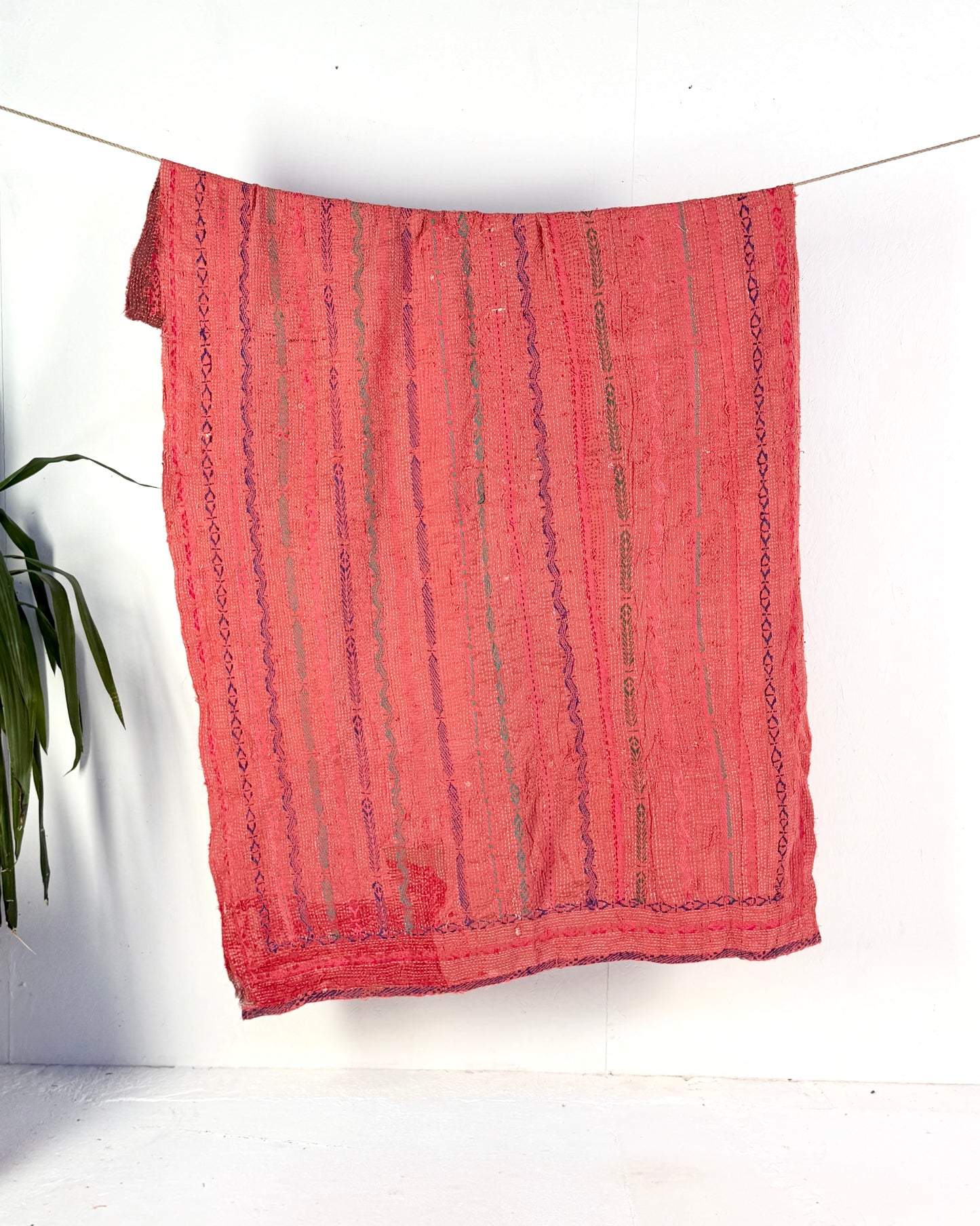 Textured and Embroidered Vintage Kantha Quilt In Deep Pink