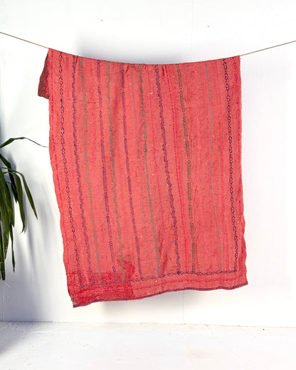 Textured and Embroidered Vintage Kantha Quilt In Deep Pink