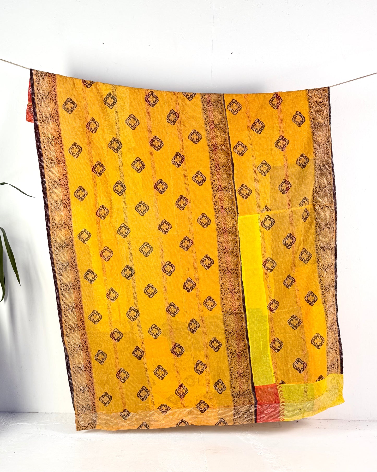 Large Embroidered Vintage Kantha Quilt in Yellow and Orange