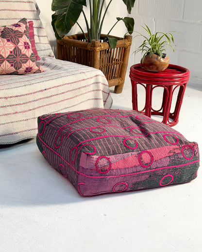 Large Square Kantha Floor Cushion Cover With Pink Circles