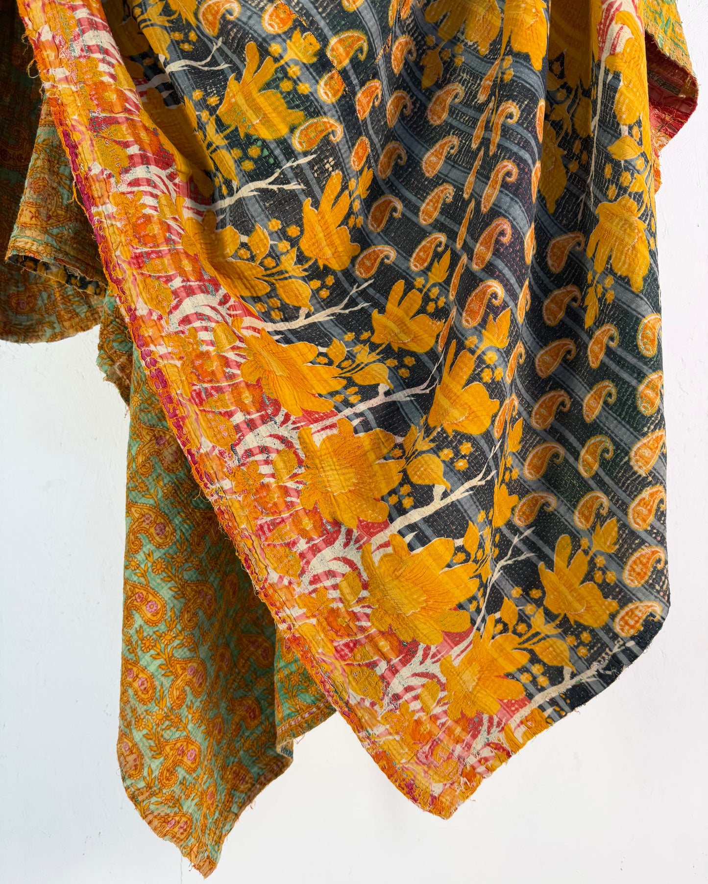 Extra Large Large Fine Stitched Vintage Kantha Quilt in Orange and Navy Blue