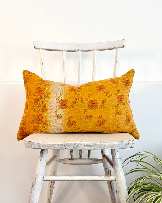 Vintage Kantha Cushion In Yellow Floral- Small Rectangular