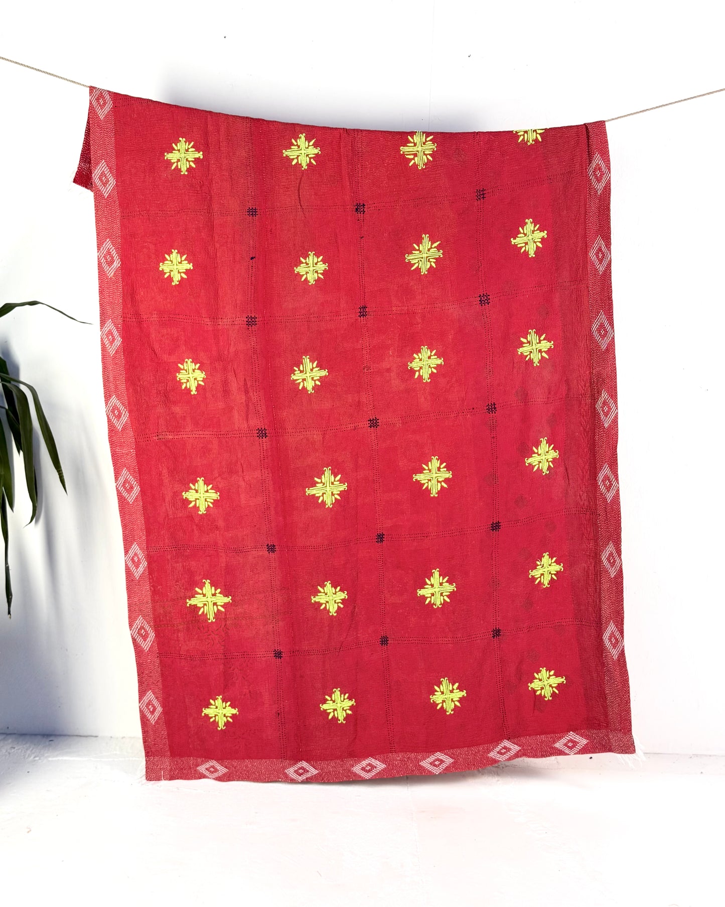 Large Embroidered Vintage Kantha Quilt in Red with Neon Embroidery
