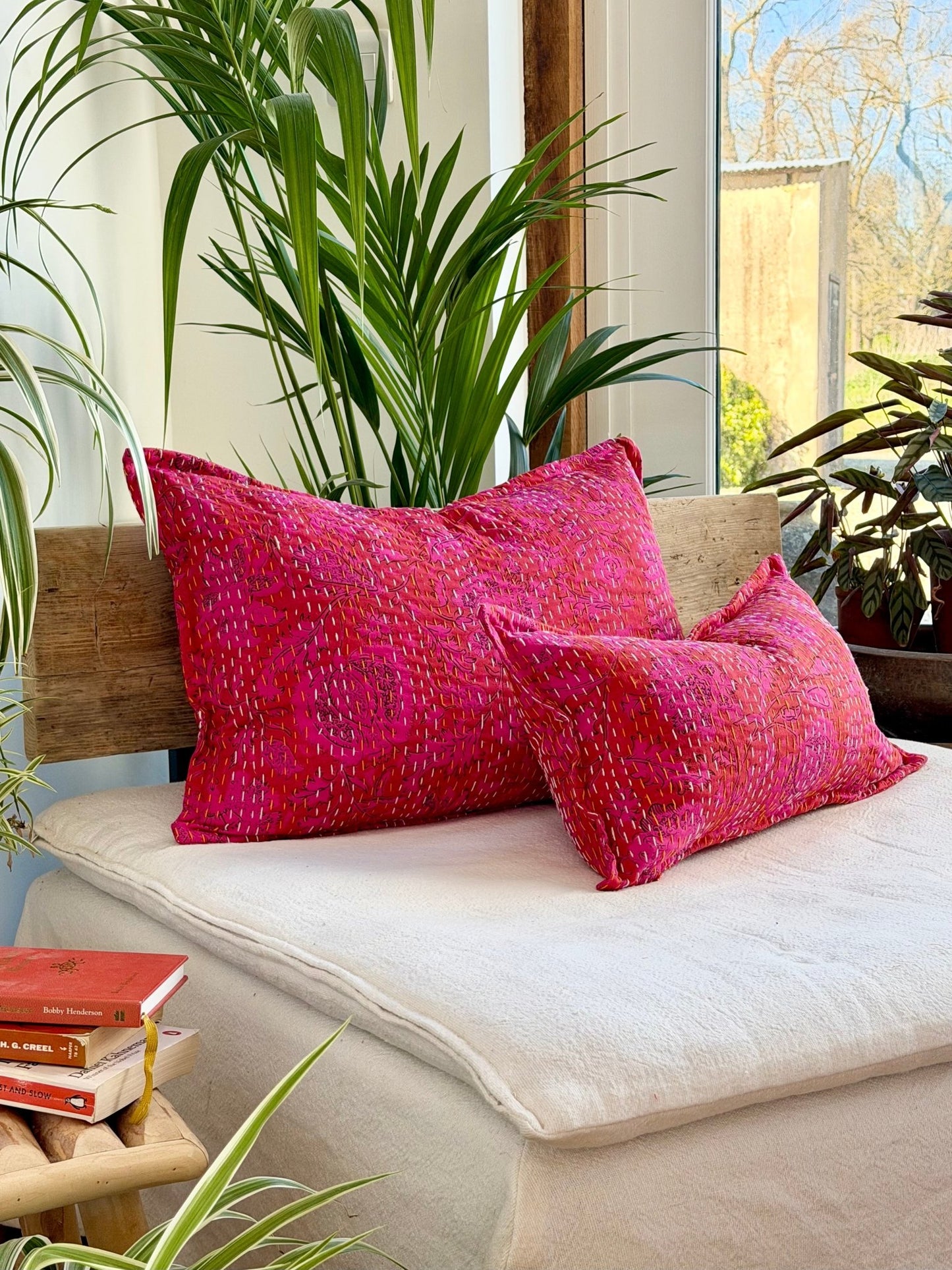 Pink Floral Block Printed Hand Stitched Rectangular Kantha Cushion - Biggs & Hill