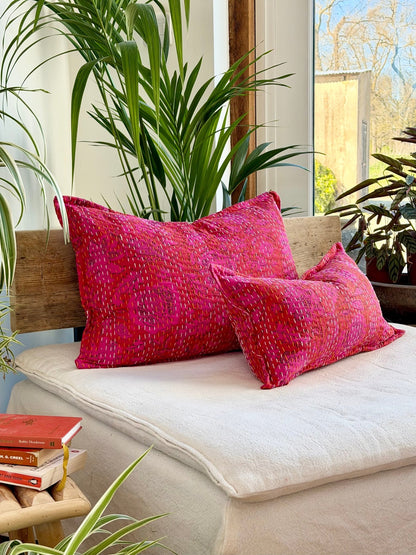 Pink Floral Block Printed Hand Stitched Rectangular Kantha Cushion - Biggs & Hill