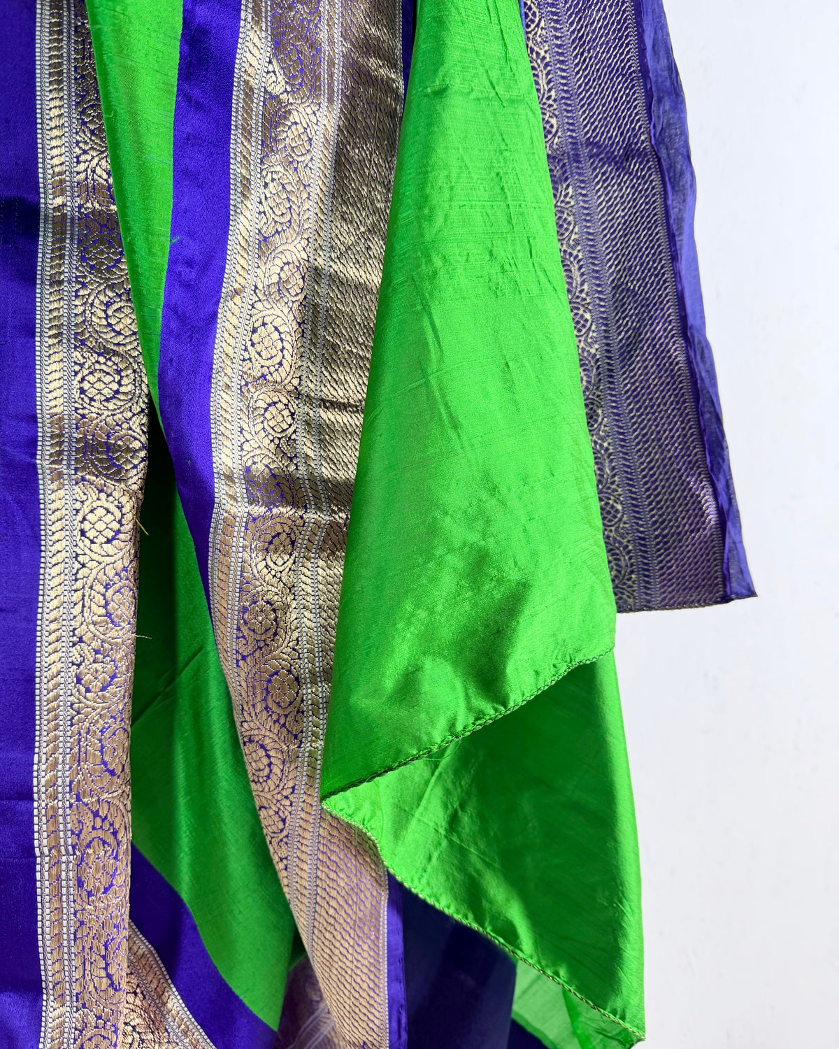 Preloved Silk Sari Length Bright Green and Blue 08