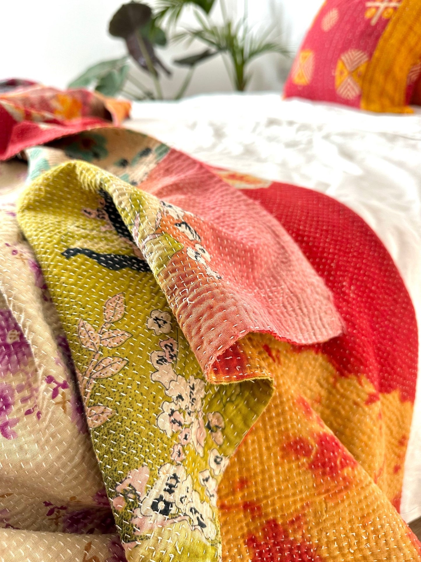 Fine Stitched Embroidered Vintage Kantha Quilt in Multicolour Print - Biggs & Hill