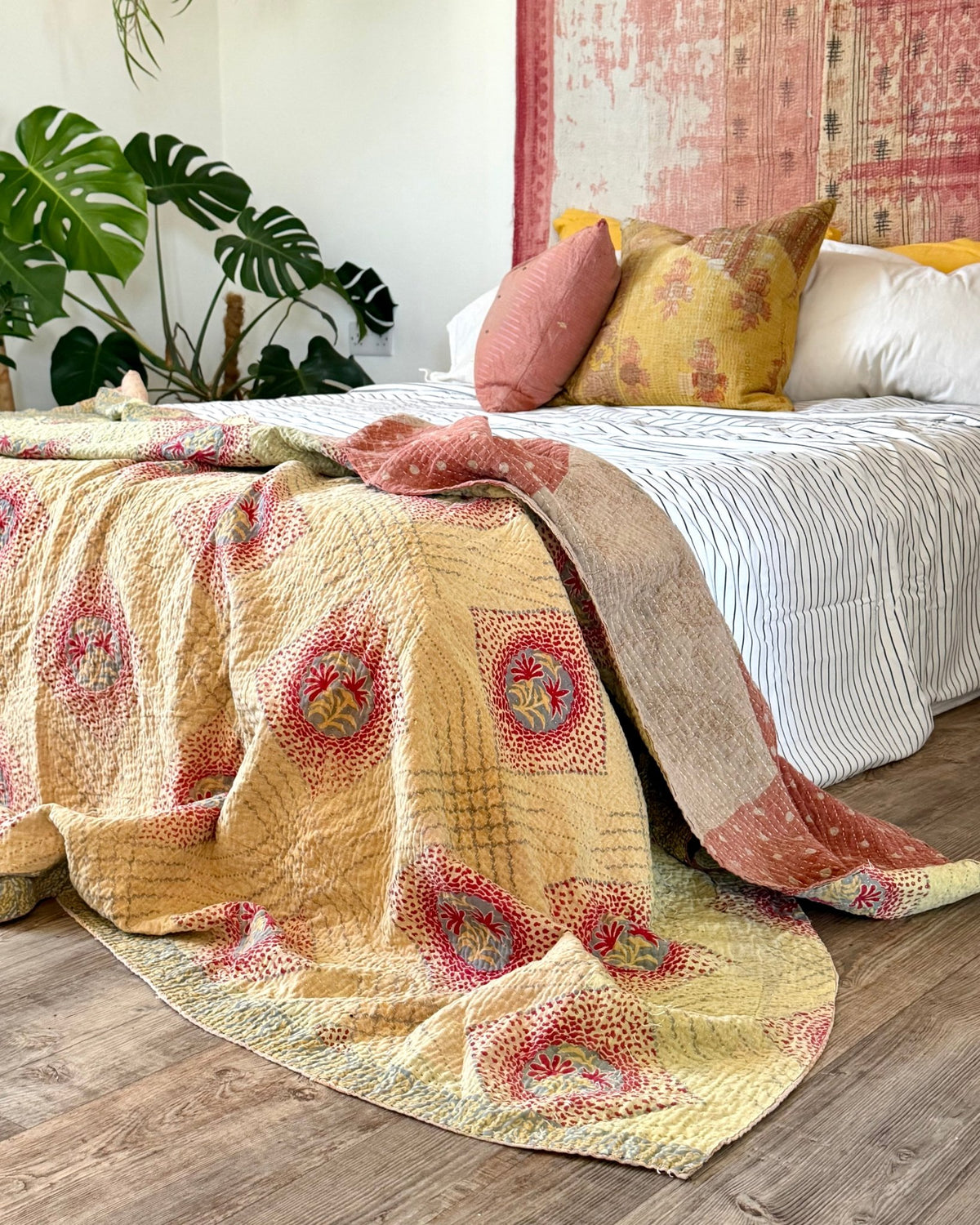 Large Fine Stitched Vintage Kantha Quilt in Soft Green and Brown - FIRST picture - Biggs & Hill