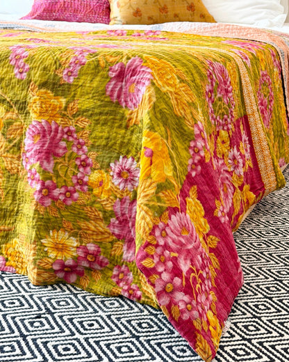 Large Fine Stitched Vintage Kantha Quilt in Bold Pink and Yellow Floral - Biggs & Hill