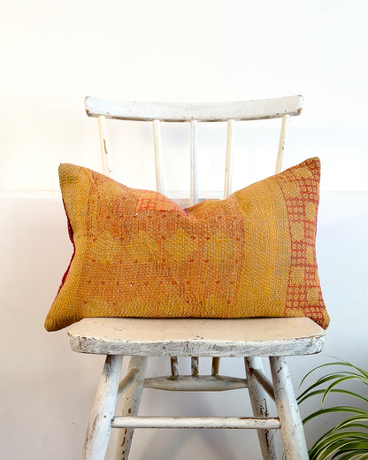 Vintage Kantha Cushion In Pink and Yellow - Small Rectangular