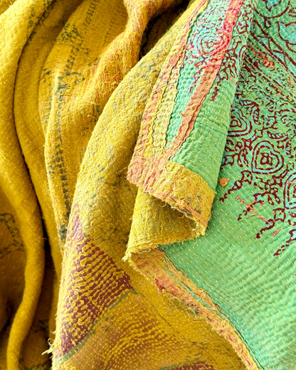 Extra Large Ajrakh Printed Vintage Kantha Quilt In Green-Gold