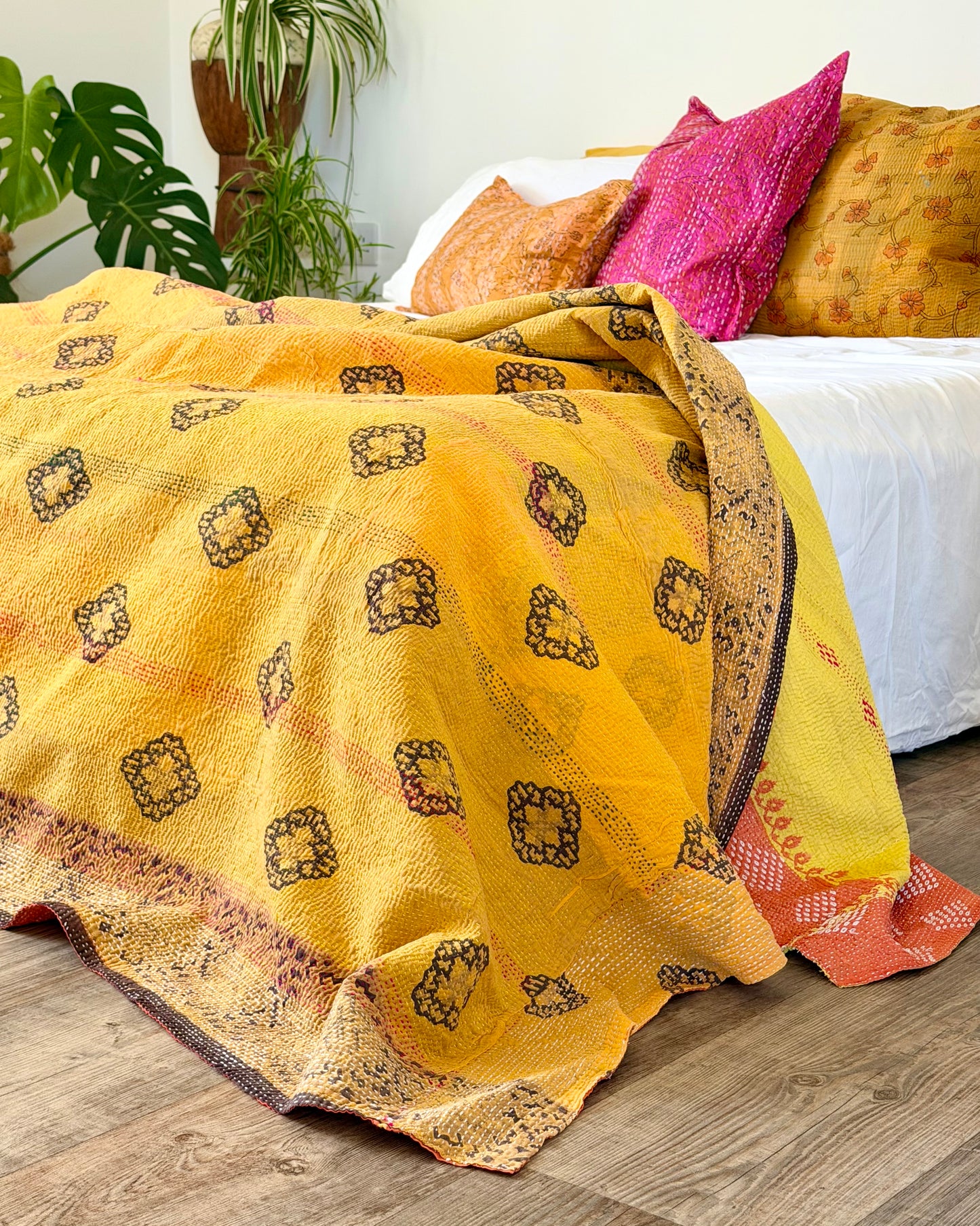 Large Embroidered Vintage Kantha Quilt in Yellow and Orange