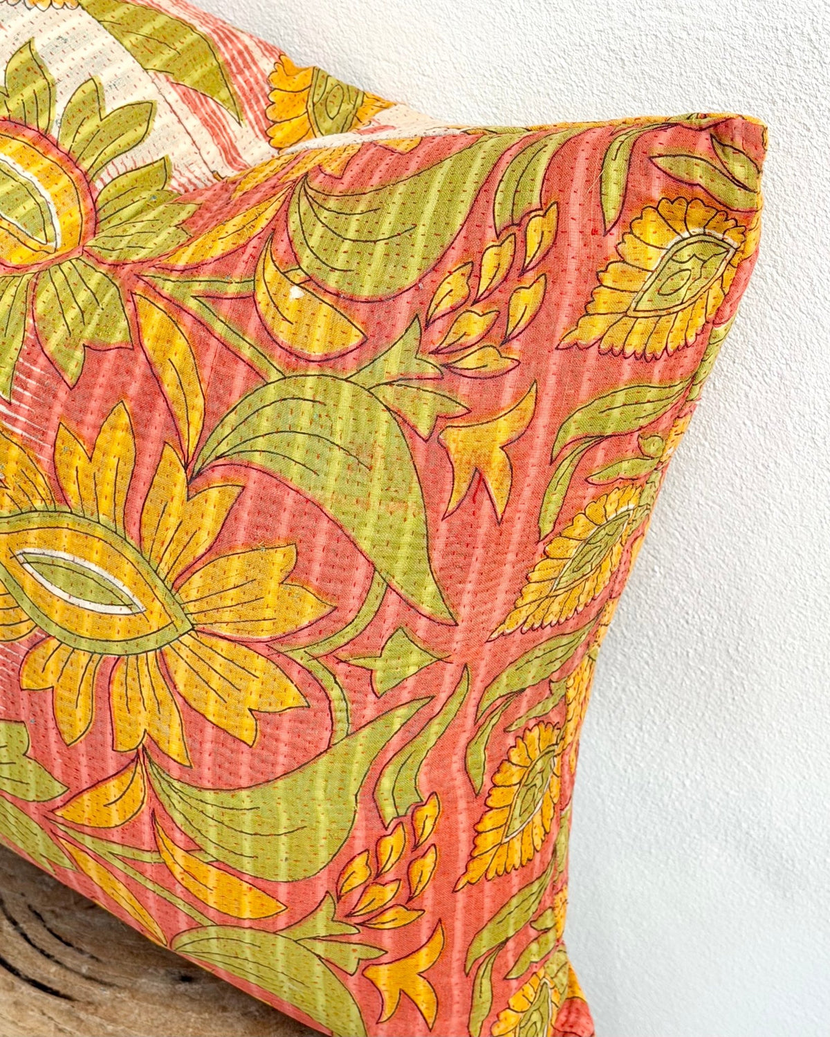 Handmade Vintage Kantha Cushion Cover In Retro Floral - 45cm (18") - Biggs & Hill