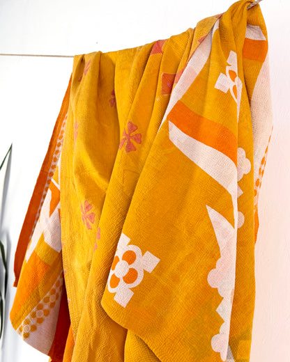 Extra Large Fine Stitched Vintage Kantha Quilt in Geometric Yellow and Orange