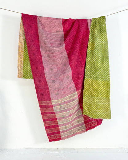 Extra Large Fine Stitched Vintage Kantha Quilt in Pink Stripes and Green