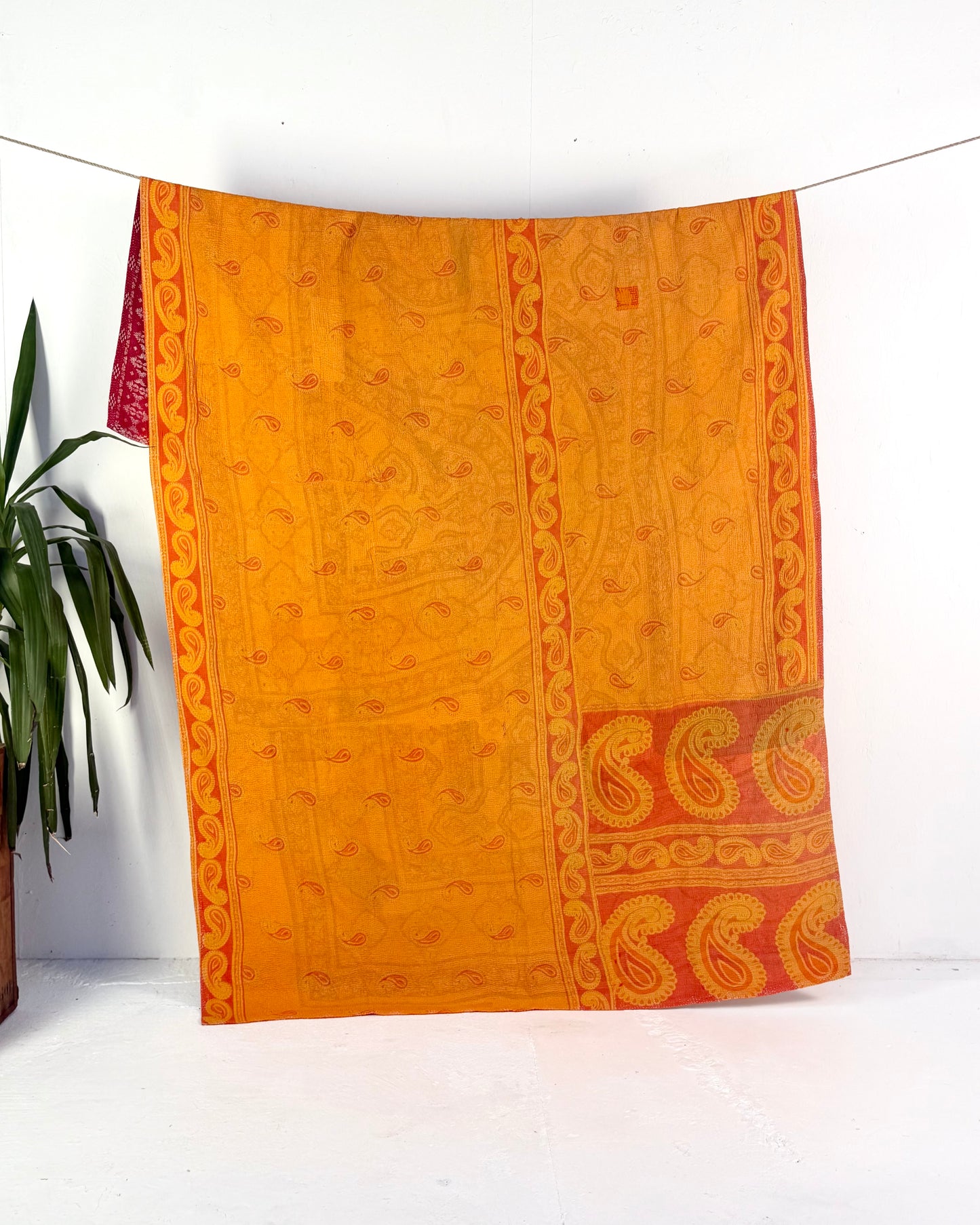 Extra Large Fine Stitched Vintage Kantha Quilt in Yellow and Orange