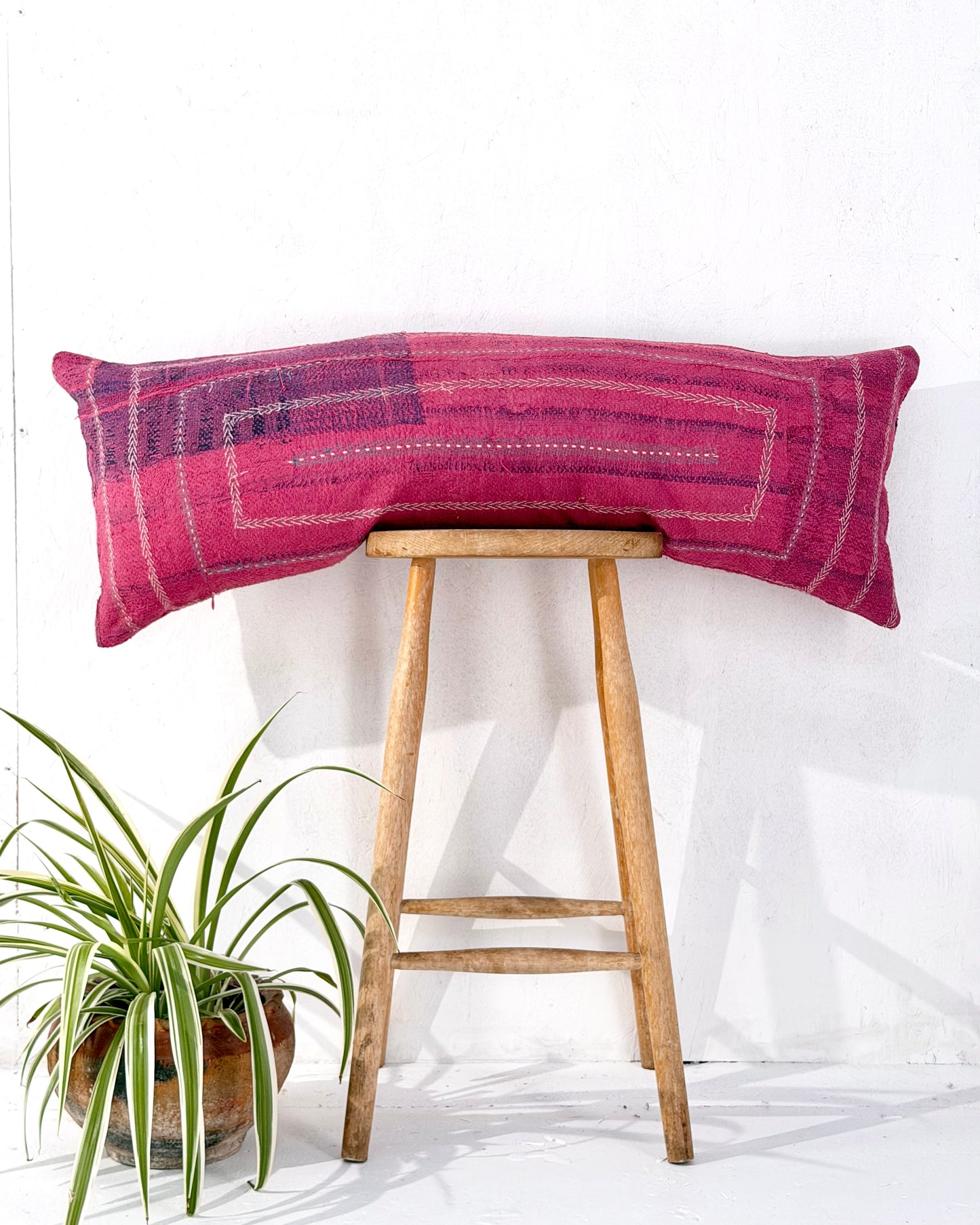 Vintage Kantha Bolster Cushion Cover In Pink With Embroidered Stripes - 100cm
