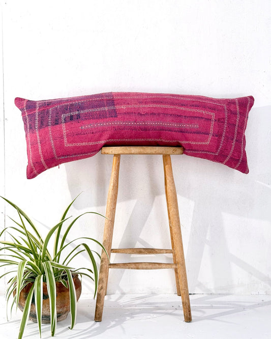 Vintage Kantha Bolster Cushion Cover In Pink With Embroidered Stripes - 100cm - Biggs & Hill