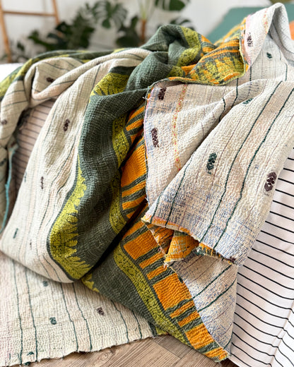 Textured Vintage Kantha Quilt In Orange, Green and White