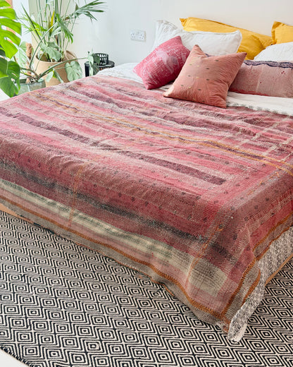 Large Textured Vintage Kantha Quilt In Pink Stripes and Moon Pattern