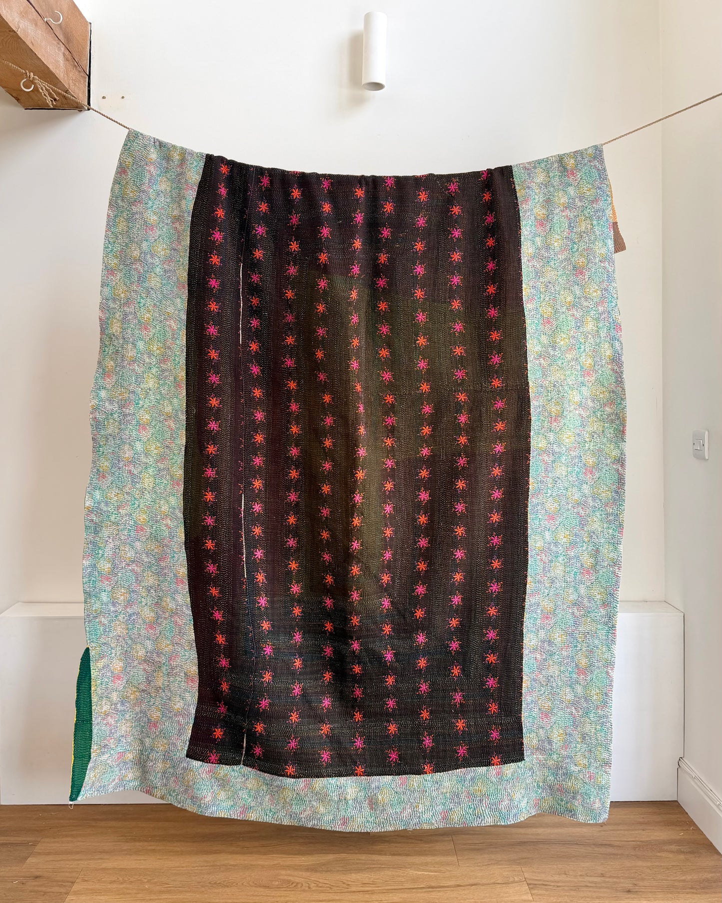 Vintage Embroidered Ralli Quilt in Black and Blue