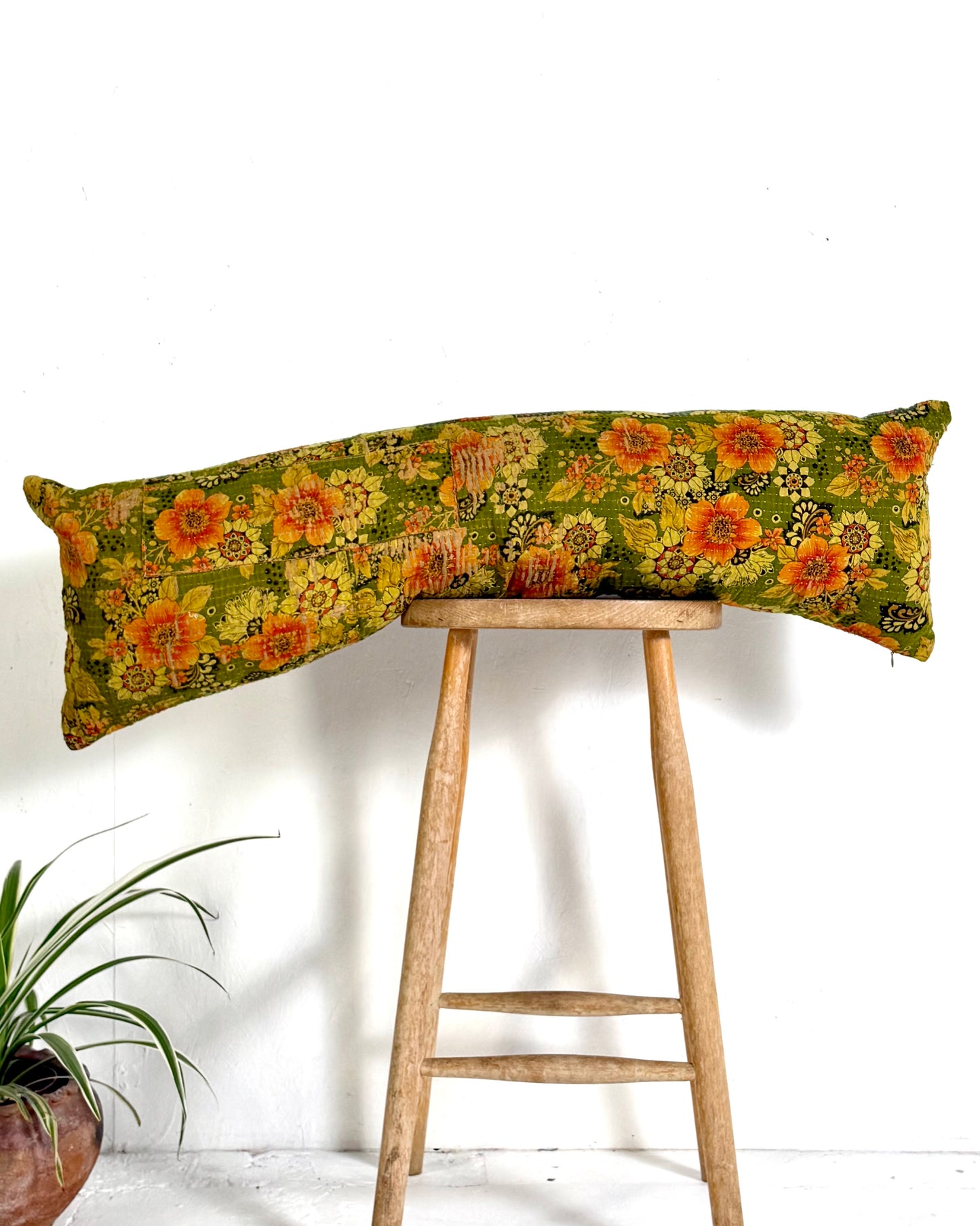 Vintage Kantha Bolster Cushion Cover In Green Floral 30 x 100