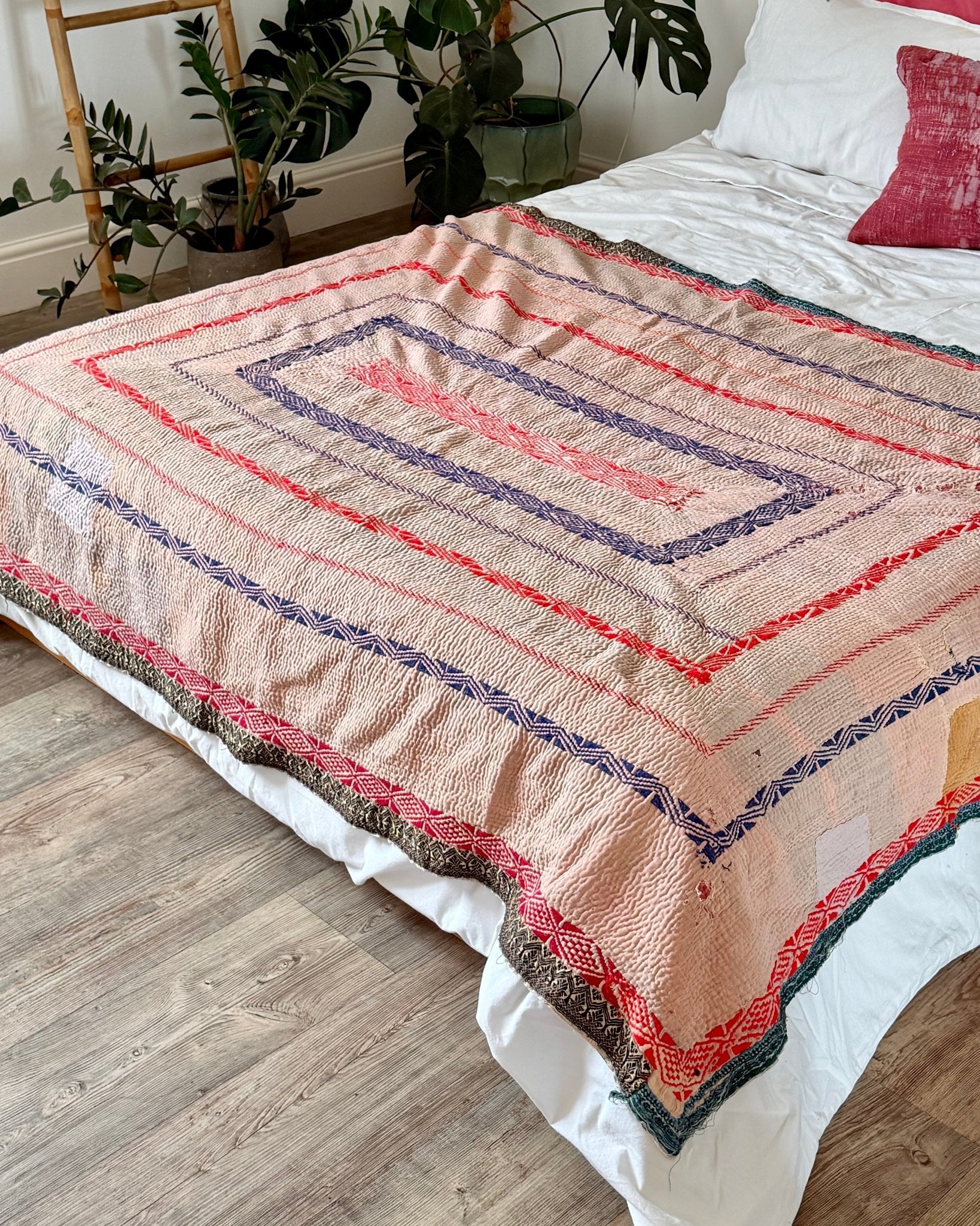 Embroidered Vintage Kantha Quilt in Yellow, Pink and Lilac - Biggs & Hill