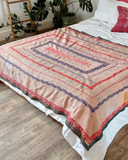 Embroidered Vintage Kantha Quilt in Yellow, Pink and Lilac - Biggs & Hill