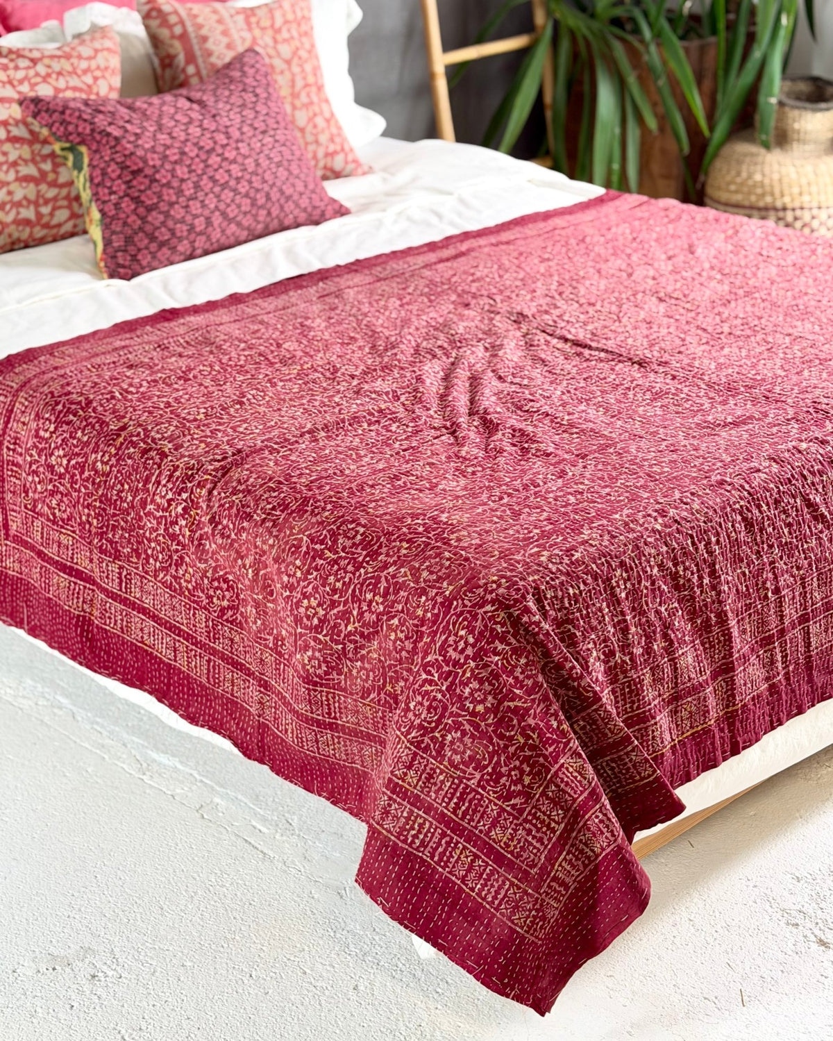 Ajrakh Printed Vintage Kantha Quilt in Deep Red - Biggs & Hill