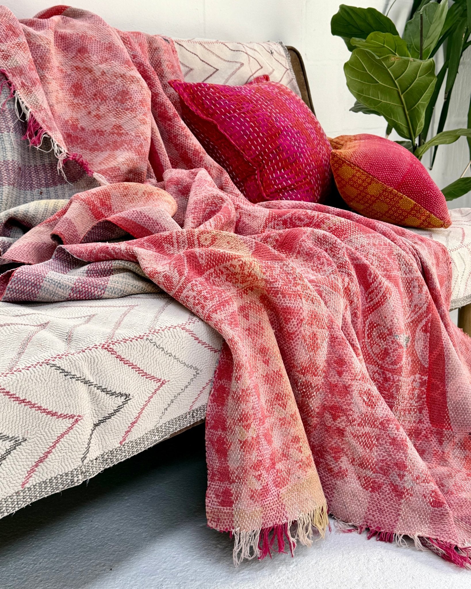 Heavy Kantha Blanket Quilt With Pink Stripes - Biggs & Hill