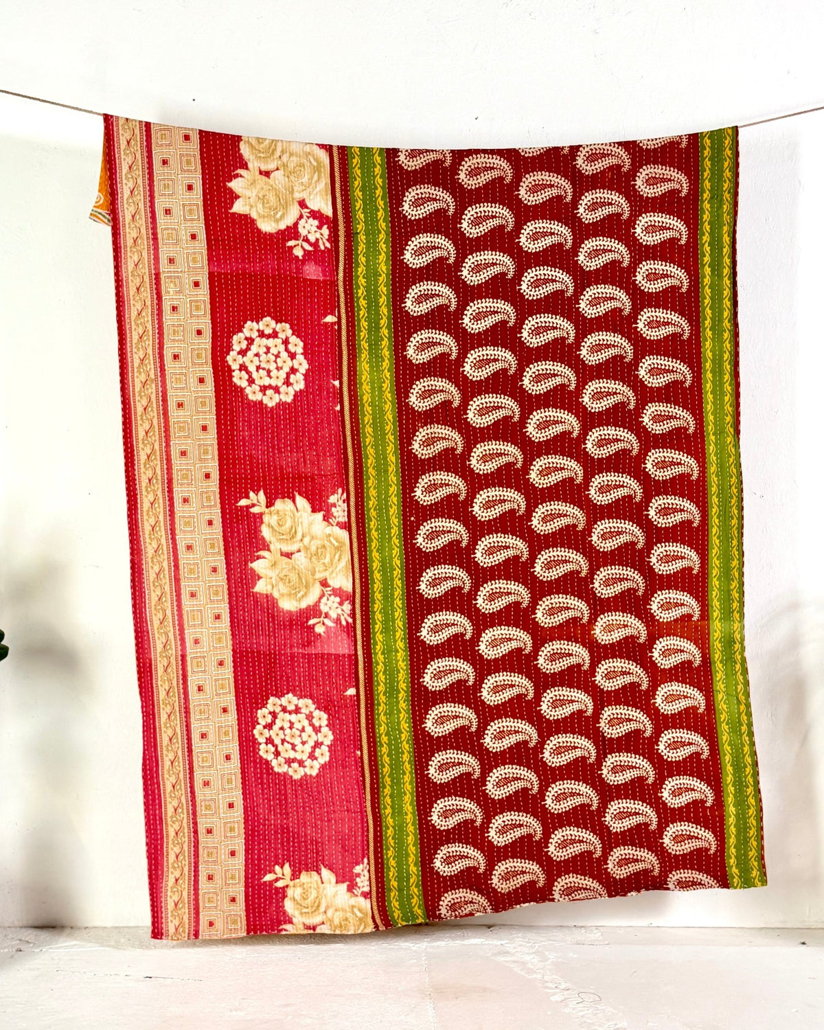 Vintage Cotton Kantha Quilt In Orange, Terracotta and Green 09 - Biggs & Hill