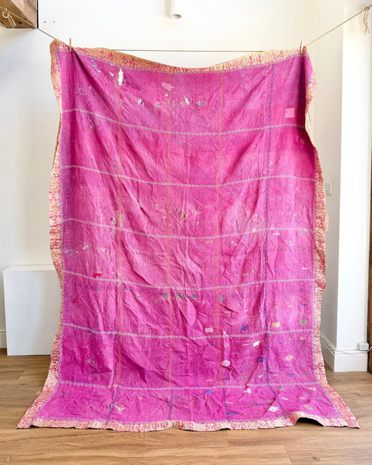 Project Kantha Quilt: Pink and Blue With Embroidery - Biggs & Hill