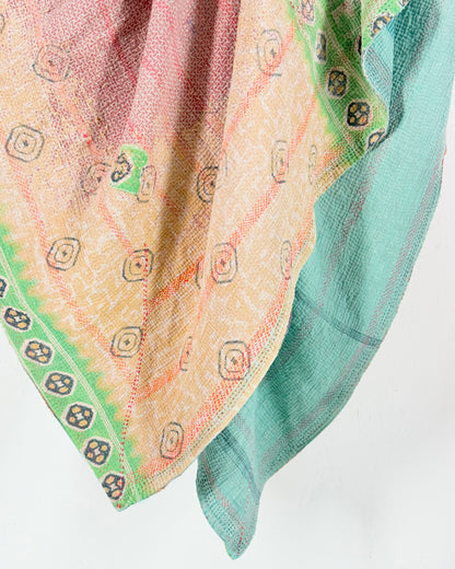 Large Embroidered Vintage Kantha Quilt in Pink, Green and Blue