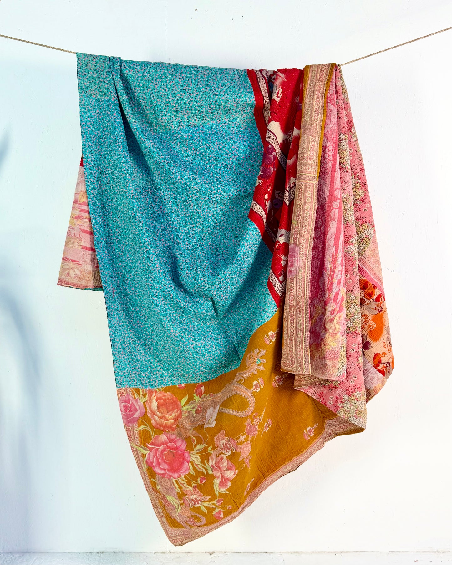 Extra Large Large Fine Stitched Vintage Kantha Quilt in Vibrant Pink, Turquoise, Mustard and Red