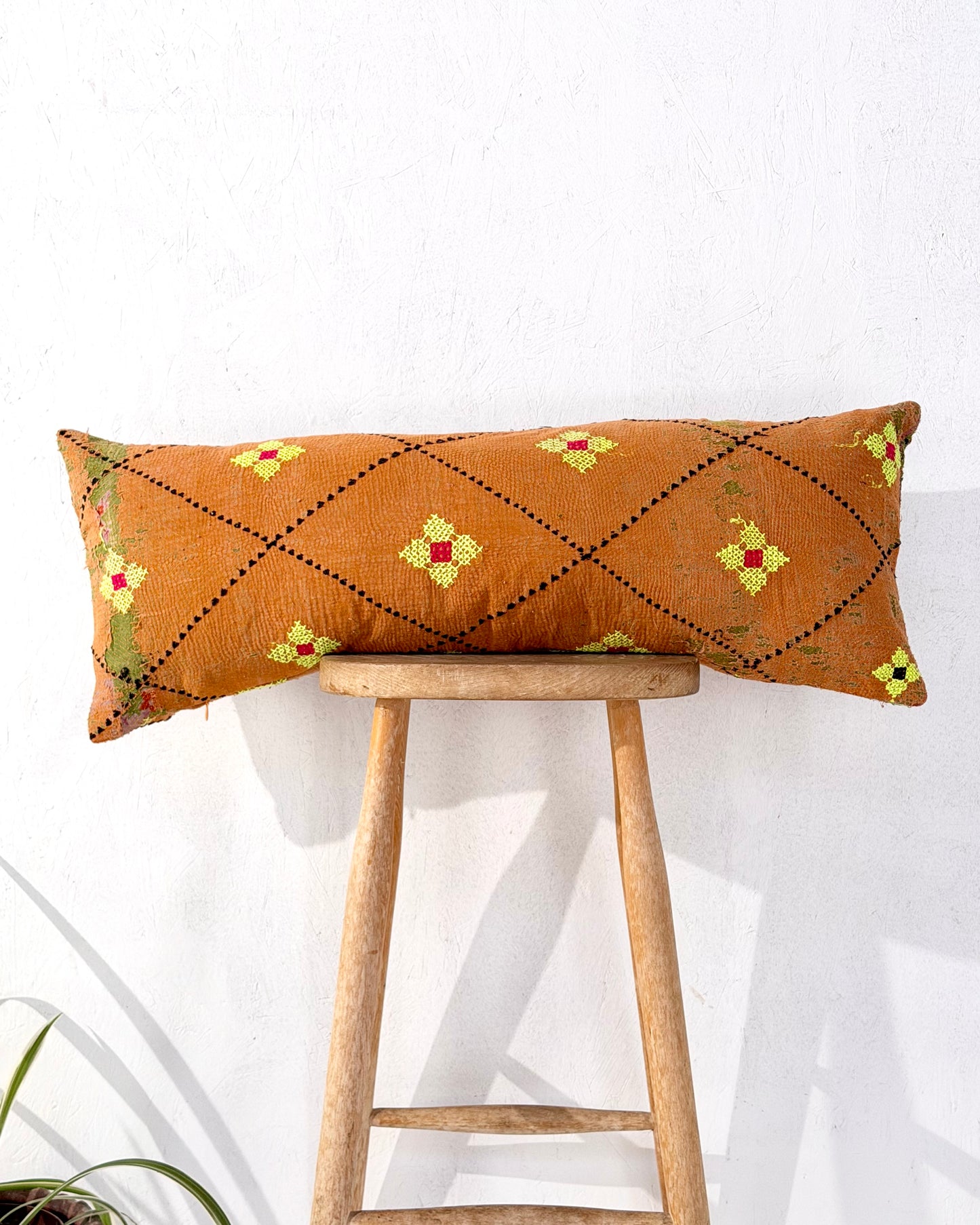 Vintage Kantha Bolster Cushion Cover In Textured Green and Orange 80cm
