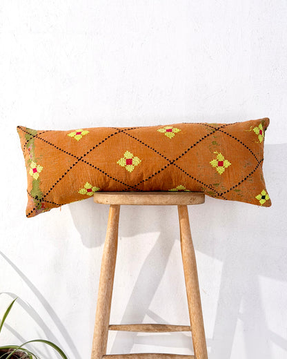 Vintage Kantha Bolster Cushion Cover In Textured Green and Orange 80cm