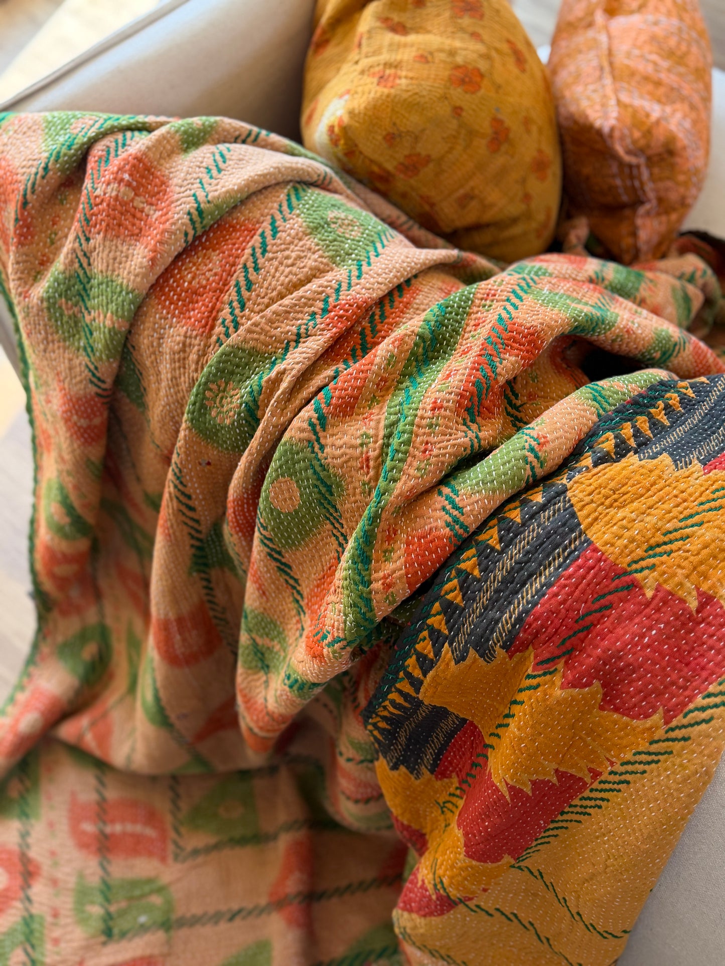 Extra Large Embroidered Vintage Kantha Quilt in Orange and Green