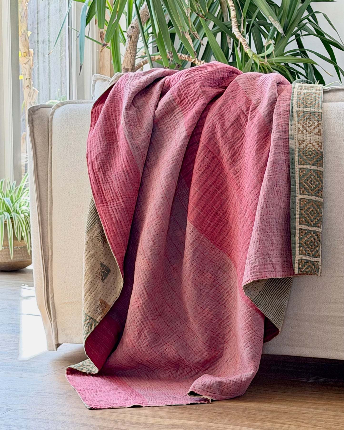 Fine Stitched Vintage Kantha Quilt in Super Soft Pink and Olive Green